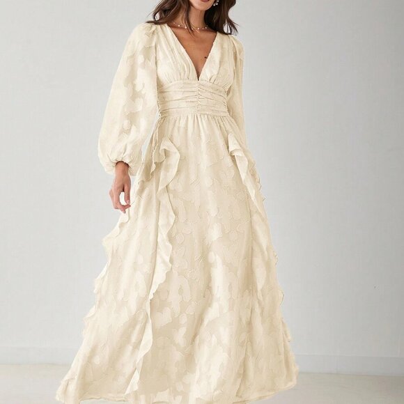 Apricot Elegant Women's Romantic V-Neck Ruffle Long Sleeve Maxi Dress - Picture 8 of 8